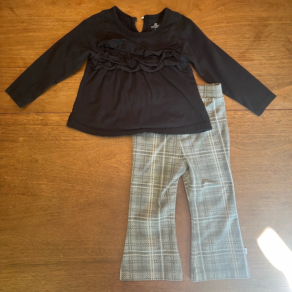 Black Ruffled Top and Plaid Pants Set